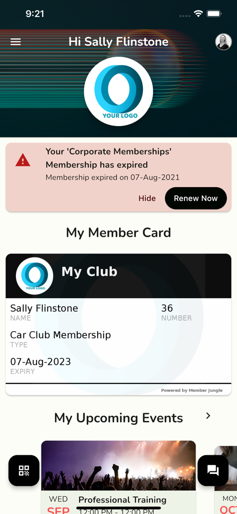 Member Jungle - Dashboard of Member Jungle app displaying a digital membership card and a membership renewal alert