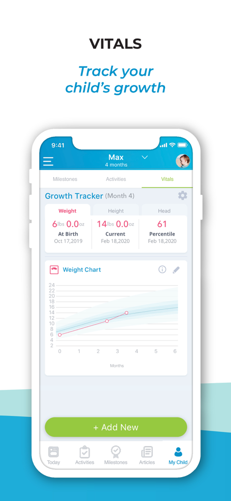 BabySparks - Development App - Schermata dell'app BabySparks che mostra un tracker della crescita del bambino con grafici di peso e parametri vitali di sviluppo