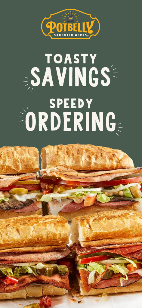 Potbelly Sandwich Works - 할인 및 주문 텍스트가 있는 구운 샌드위치를 보여주는 Potbelly 앱 인터페이스