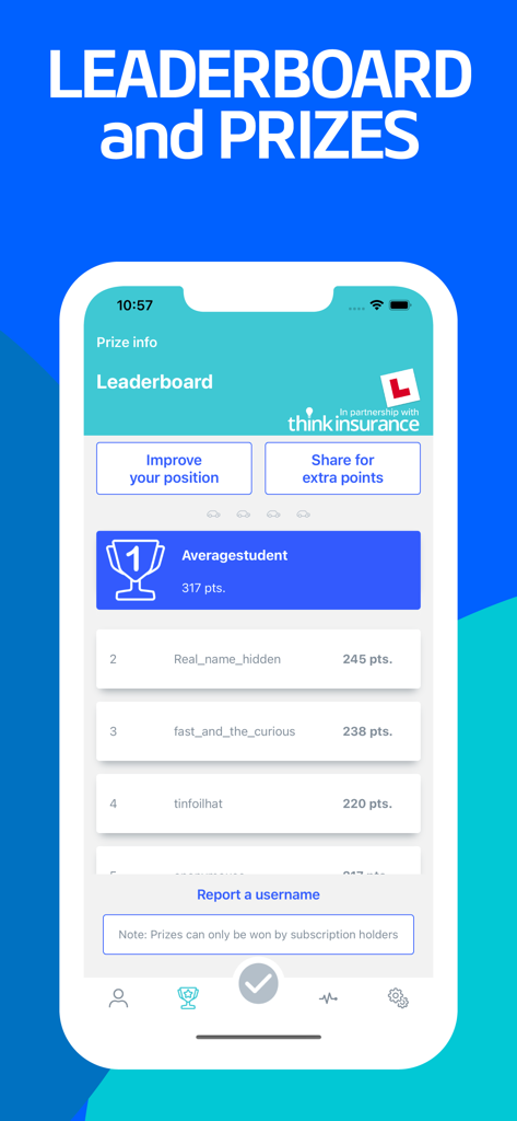 The Complete Theory Test 2026 - A leaderboard screen showing user rankings points and prize information within the driving theory test app