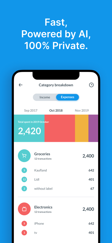 Dollarbird - Budget Calendar - Mobile interface of Dollarbird app displaying an expense category breakdown with color coded charts and transaction lists