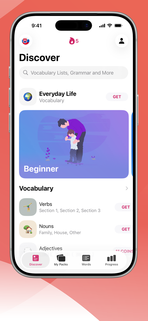 Uno screenshot della schermata Scopri dell'app Impara lo slovacco con LENGO, con lezioni di vocabolario per principianti.