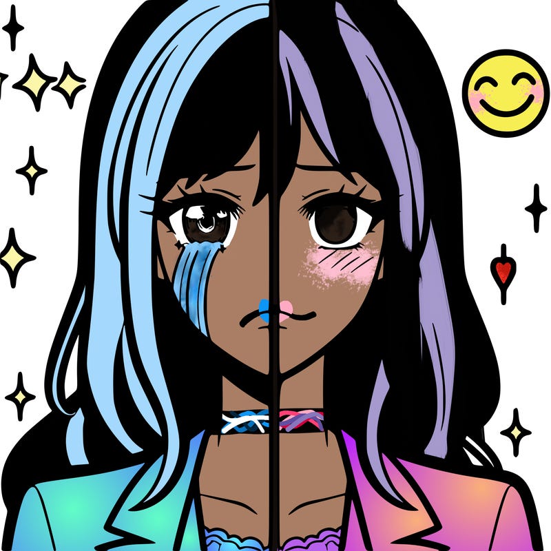 half sad half happy anime style woman