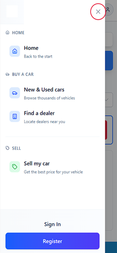 CarFind.co.zm - Navigation menu of the CarFind.co.zm mobile app for buying and selling cars in Zambia