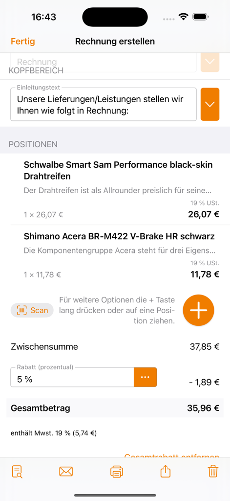 Mobile Benutzeroberfläche der Lexware App, die die Erstellung einer Rechnung mit mehreren Positionen und einem Gesamtbetrag zeigt
