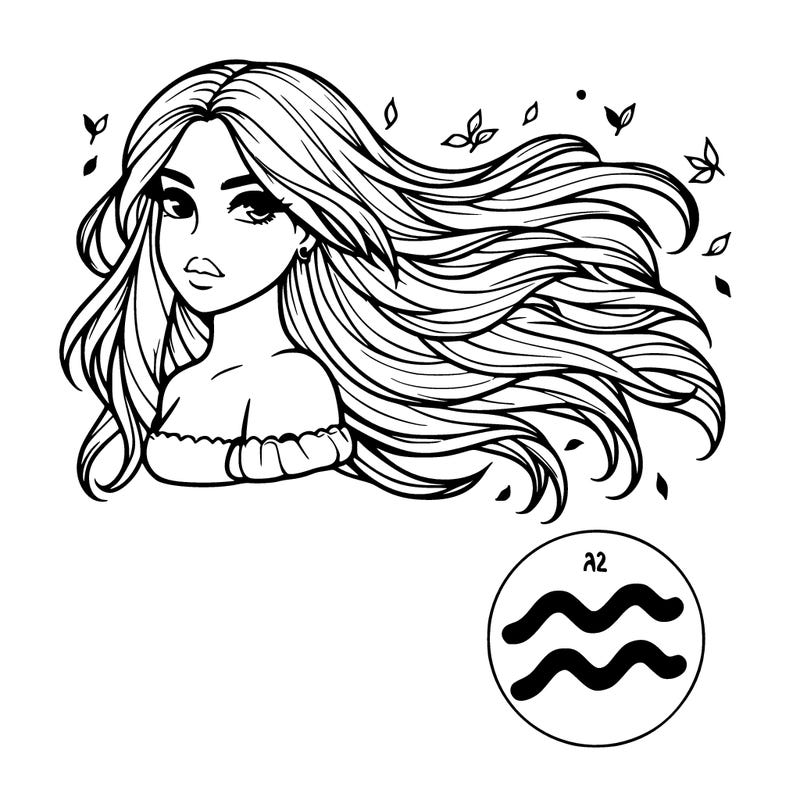 one realistic girl with long hair flowing in the wind and is an aquarius
