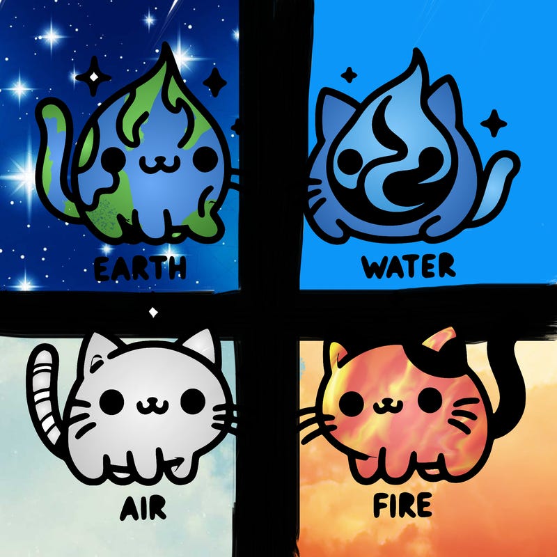 4 cats that represent the different elements, earth, water, air, and fire