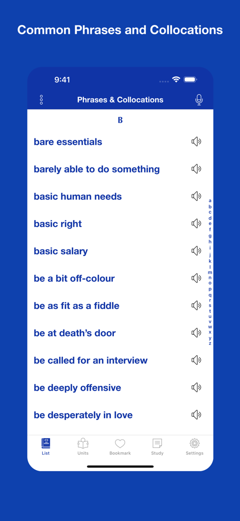 アプリのインターフェースに表示される、Bで始まる英語のフレーズとコロケーションのリスト