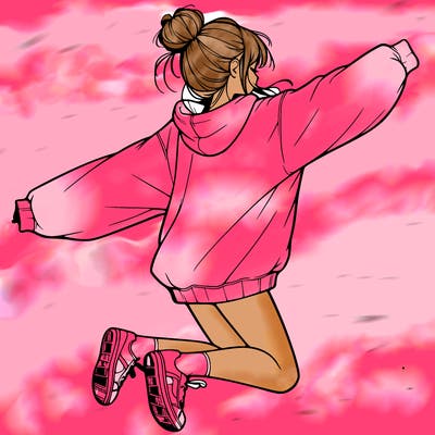 realistic girl jumping with a bun and oversized sweatshirt