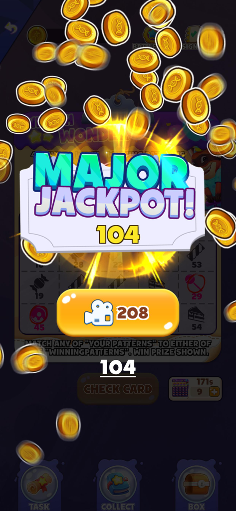 Schermata di vincita di un jackpot importante con monete d'oro che cadono nel gioco mobile Scratch Go