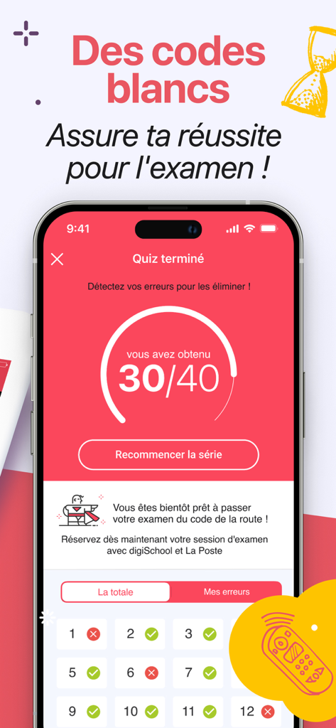 A smartphone showing the results of a French driving theory mock exam with a score of thirty out of forty
