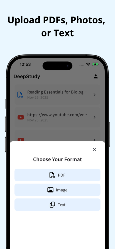 AI Quiz Generator - DeepStudy - DeepStudy app interface showing a menu to choose between PDF image and text upload formats for AI quiz generation.
