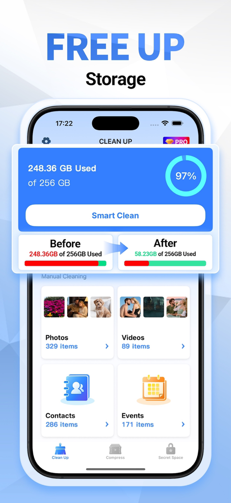 Super Cleaner: AI Cleaner - Interfaz de la aplicación Super Cleaner que muestra el panel de uso de almacenamiento y las categorías de limpieza para fotos y videos.