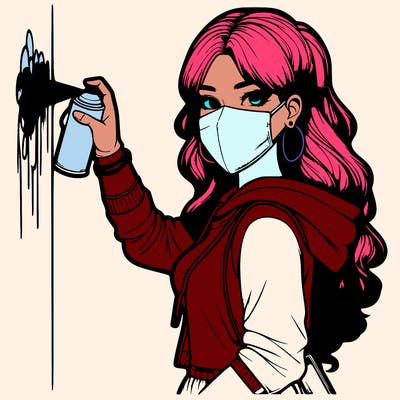 realistic girl with mask spray painting a wall