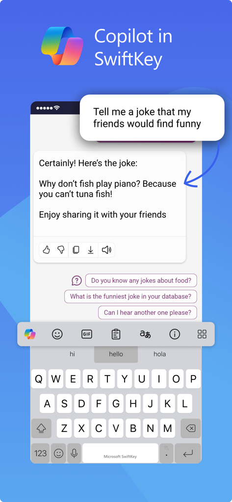 Uno schermo di smartphone che mostra la tastiera Microsoft SwiftKey con l'assistente AI Copilot che fornisce una risposta scherzosa in un'interfaccia di chat.