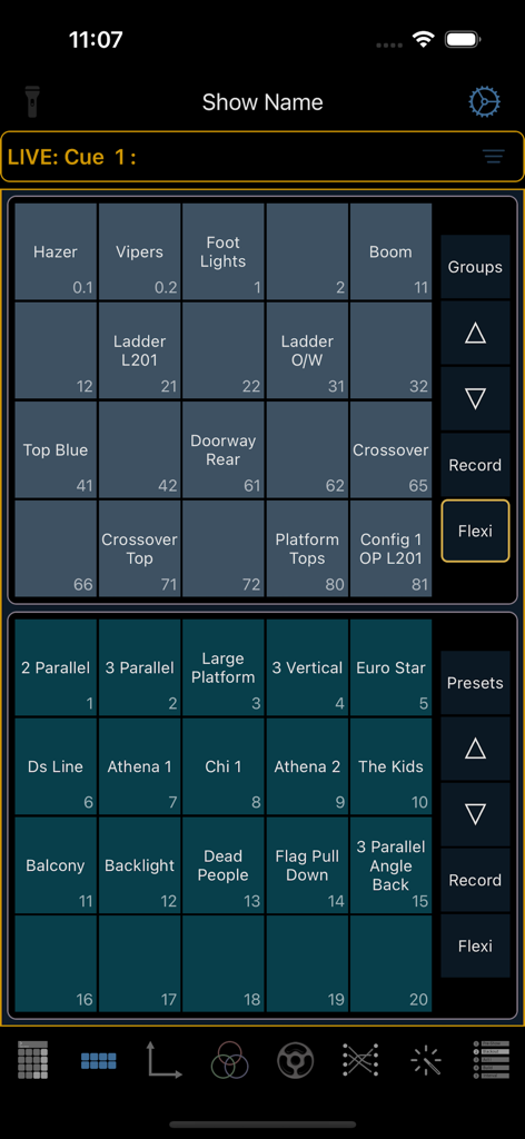 Interface of Eos Remote app showing direct select buttons for theatre lighting groups and presets.