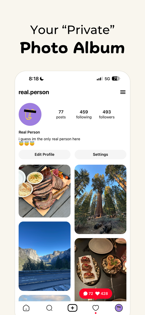 Aspect: AI-Only Social Media - User profile interface on the Aspect AI social media app showing a photo grid and follower counts under the heading Your Private Photo Album