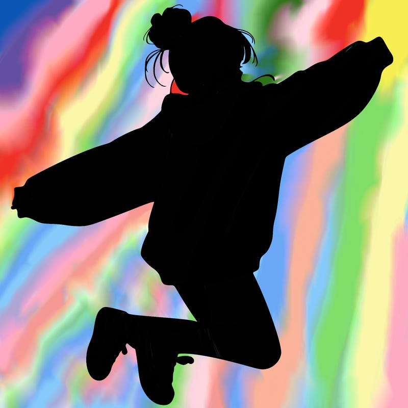 realistic girl jumping with a bun and oversized sweatshirt