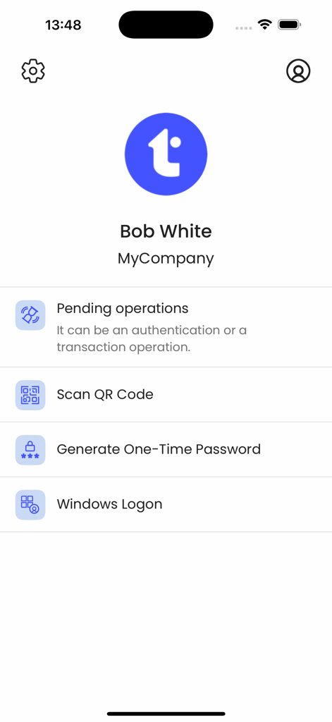 TrustBuilder Authenticator app interface displaying security options and user profile