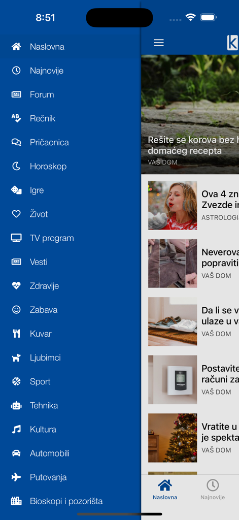 Krstarica forum, vesti, zabava - Menú de navegación lateral de la aplicación Krstarica que muestra varias categorías de contenido serbio