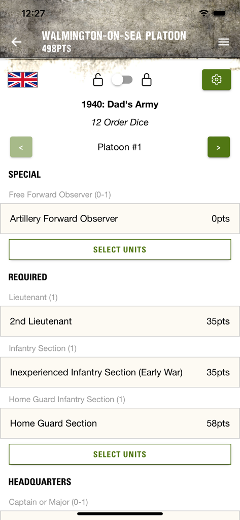 Mobile app interface showing a Bolt Action army list for a Walmington on Sea platoon with unit point totals