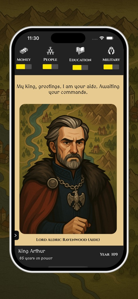 Kingdom Throne Simulator - A screenshot of Kingdom Throne Simulator showing an aide character Lord Aldric Ravenwood with resource bars for money people education and military.