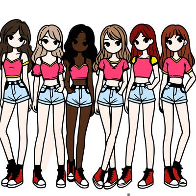 a group of girls wearing crop tops and shorts