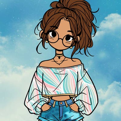 girl with a messy ponytail glasses a baggy crop top and jean shorts