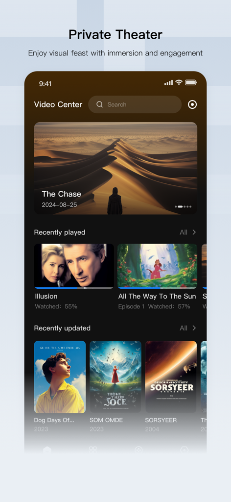 UGREEN NAS - UGREEN NAS App Private Theater-Oberfläche mit Anzeige einer Filmbibliothek mit Posterwänden und Videokategorien