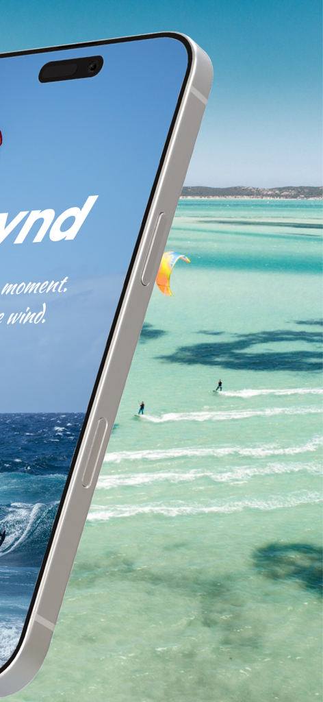 WYND: Live Wind & Weather Map - Smartphone displaying the WYND app splash screen with kiteboarders in turquoise tropical water