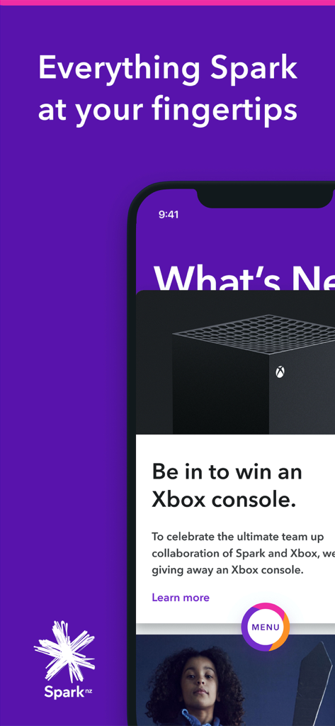 Spark NZ app interface showing the What's New section with a promotional offer to win an Xbox console