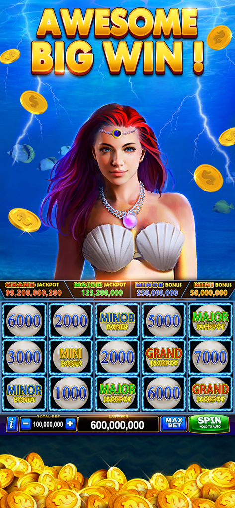 Superb Casino - Superb Casino mobile game screenshot featuring an underwater mermaid theme and a large big win notification.