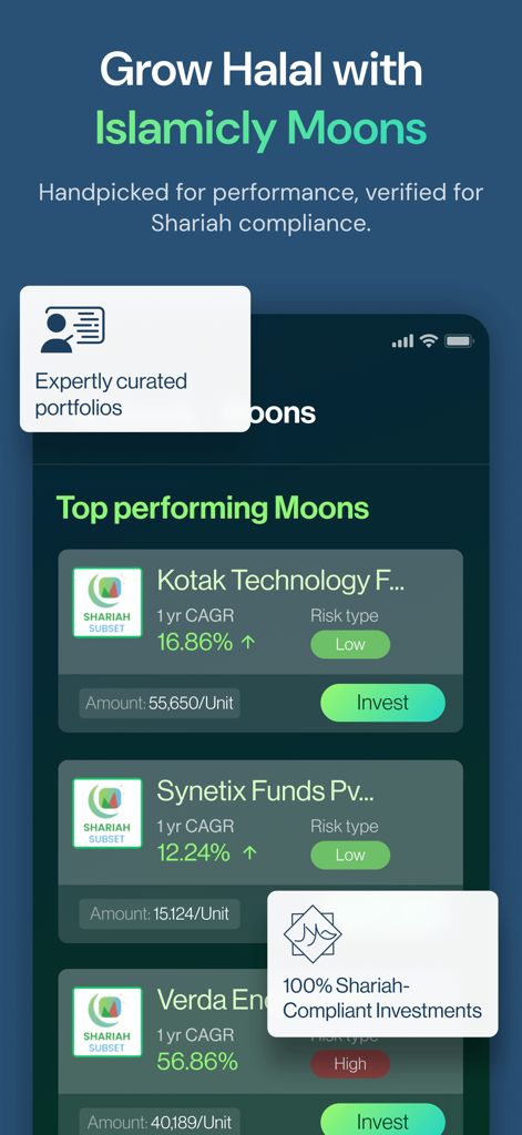 Interfaccia dell'app Islamicly che mostra portafogli di investimento conformi alla Sharia chiamati Lune con dati di performance.