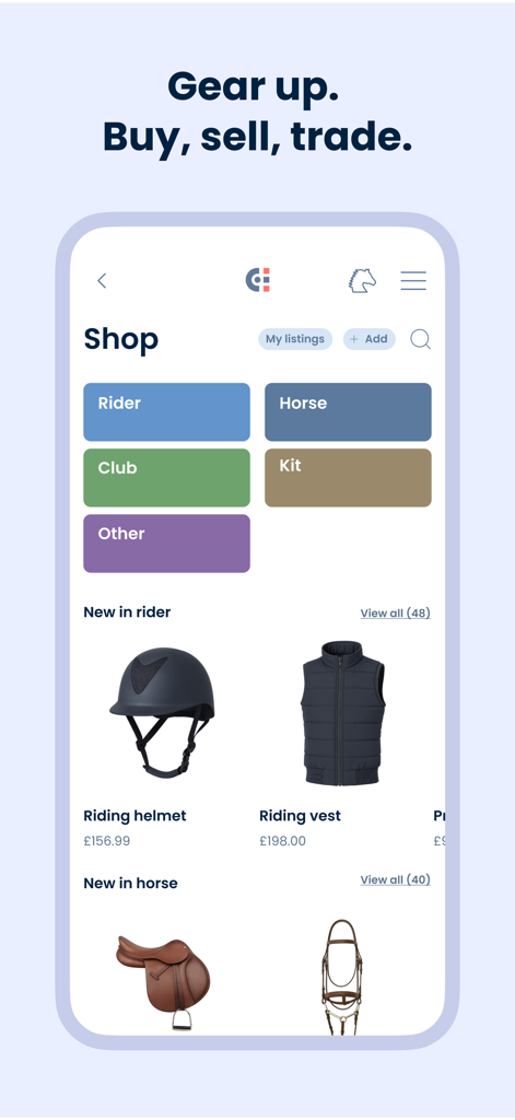 ChukkerApp - Interface of the ChukkerApp shop section displaying categories for rider and horse equipment and polo gear listings.