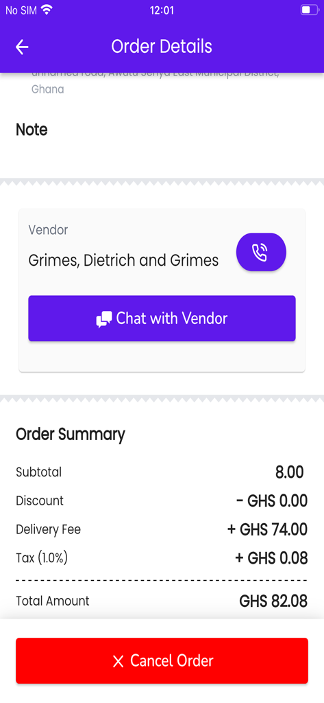 Pantalla de resumen detallado del pedido en la aplicación Glover que muestra información del proveedor y el desglose de precios.