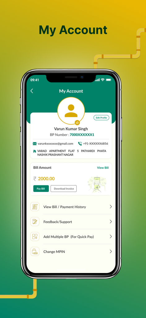 My MNGL app My Account screen showing user profile details, outstanding bill amount, and bill payment options.