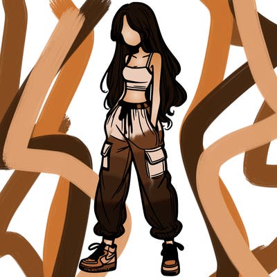 girl in baggy pants crop top and long hair