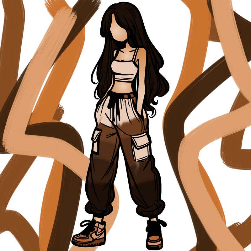 girl in baggy pants crop top and long hair