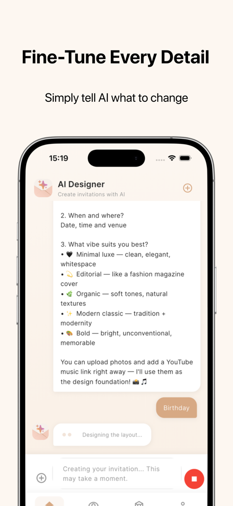Invites — AI Invitation Maker - AI chat interface for fine tuning invitation details and style vibes
