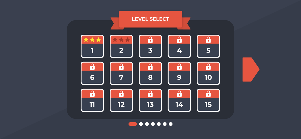 Word Gaps – English Word Quiz - 단어 채우기 앱 레벨 선택 메뉴, 잠긴 및 잠금 해제된 게임 단계 표시