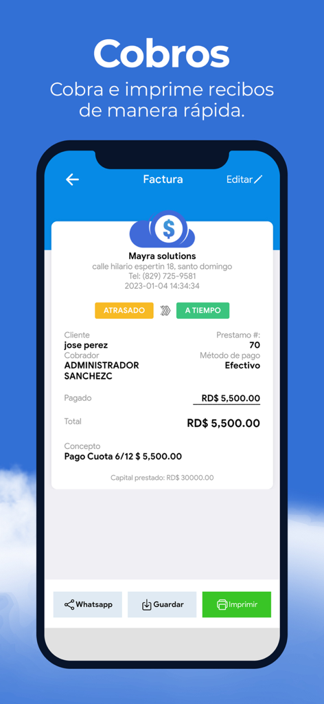 Interfaz de recibo digital en la aplicación Préstamos CLOUD que muestra un pago de préstamo para un cliente con opciones para compartir por WhatsApp o imprimir.