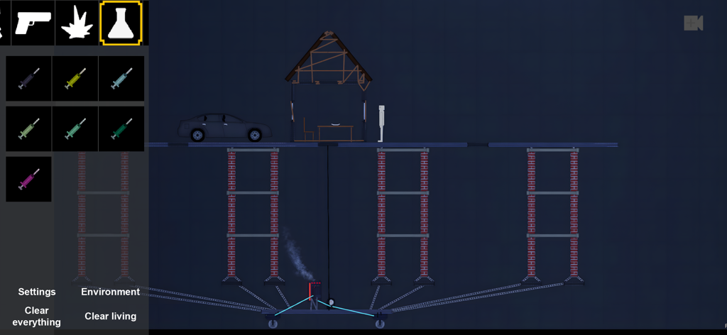 People Playground - Capture d'écran du gameplay de People Playground montrant un bac à sable physique avec une voiture de maison et une silhouette de ragdoll