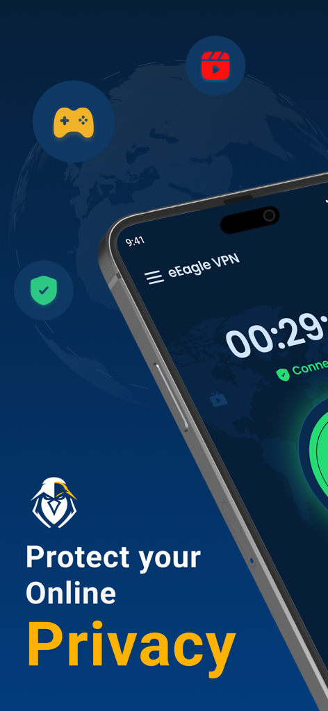 eEagle VPN - Fast & Secure - eEagle VPN app on iPhone screen with icons for gaming and streaming privacy