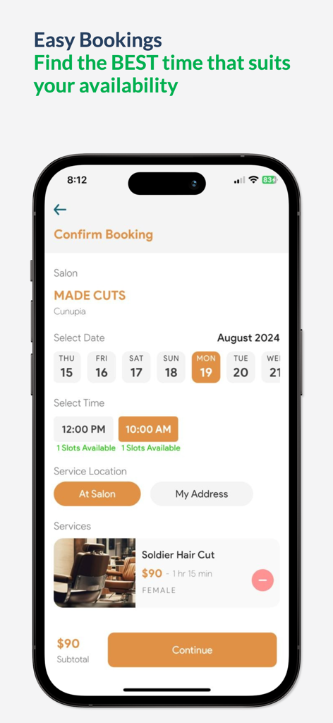 Boek Nu - Boek Nu mobile app interface for confirming a haircut appointment at a salon with date and time selection.