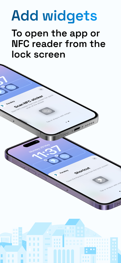 Parakey - Two iPhones displaying Parakey lock screen widgets for NFC scanning and app shortcuts