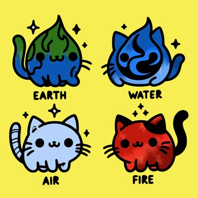 4 cats that represent the different elements, earth, water, air, and fire