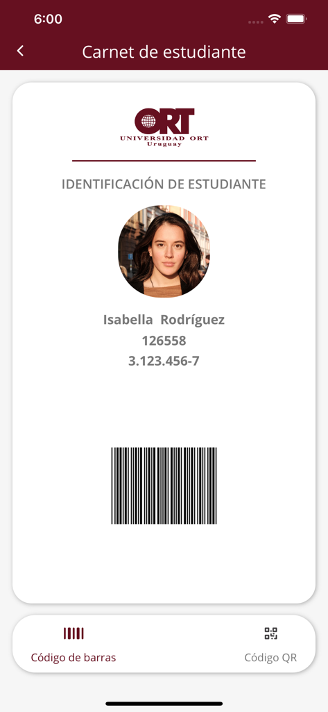 Universidad ORT Uruguay - Digital student ID card on the Universidad ORT Uruguay app with photo and barcode