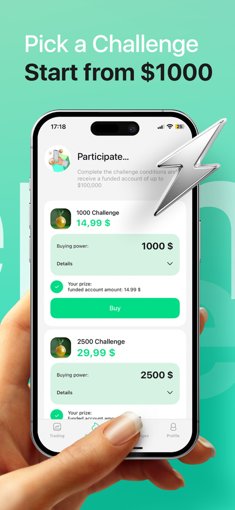 Interface para escolher um desafio de trading de cripto no aplicativo TEFS