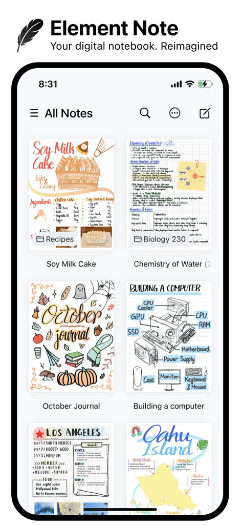Element Note - A grid view display of handwritten digital notes including recipes and biology study guides in the Element Note app