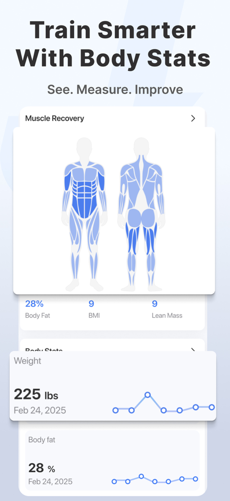 JEFIT Workout Plan Gym Tracker - JEFIT app dashboard displaying body statistics including a muscle recovery heatmap, BMI, and weight progress charts.